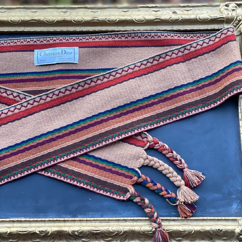 Vintage Christian Dior Chemises Woven Striped Cloth Belt with Tassels
